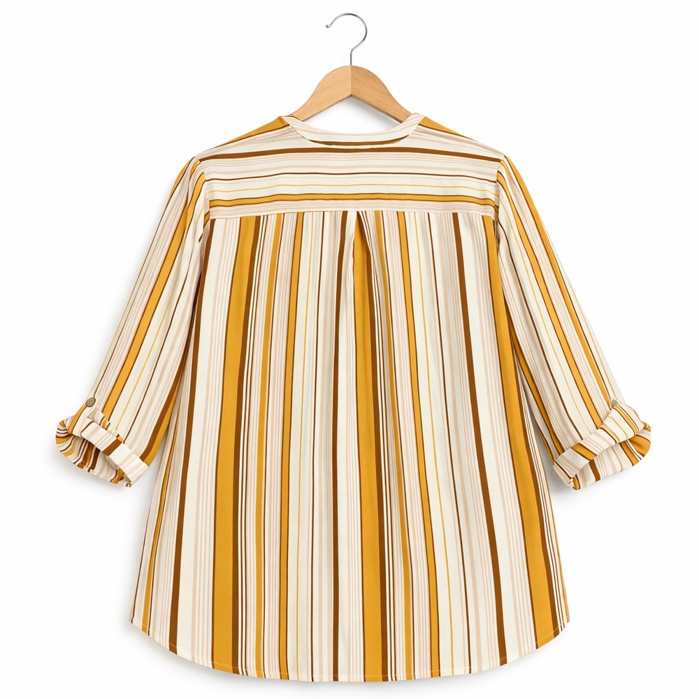Cure Striped Blouse Size 2XL Mustard Cream V-Neck Roll Tab Sleeve Top